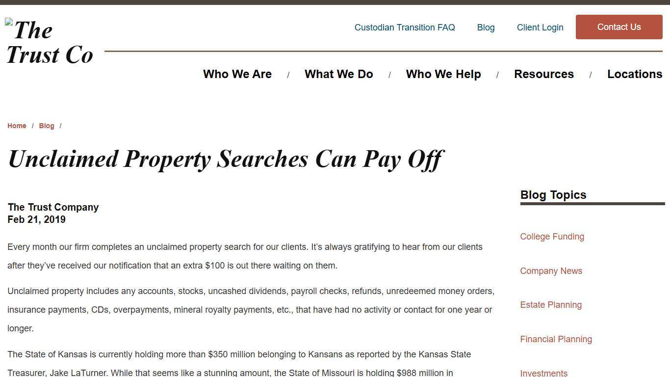 Unclaimed Property Searches Can Pay Off The Trust Company